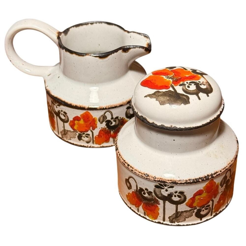 Vintage 70s Midwinter Stonehenge Autumn Poppy Creamer & Covered Sugar Bowl Set
